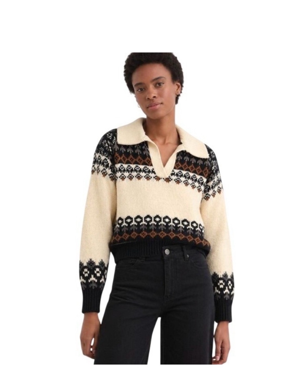 Marled Cream & Black Fair Isle V-Neck Sweater